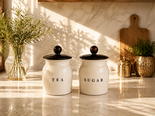 White Metal Tea Sugar Container Set with Black Lids – Premium Kitchen Storage Canisters for Countertop, Pantry & Tea Station