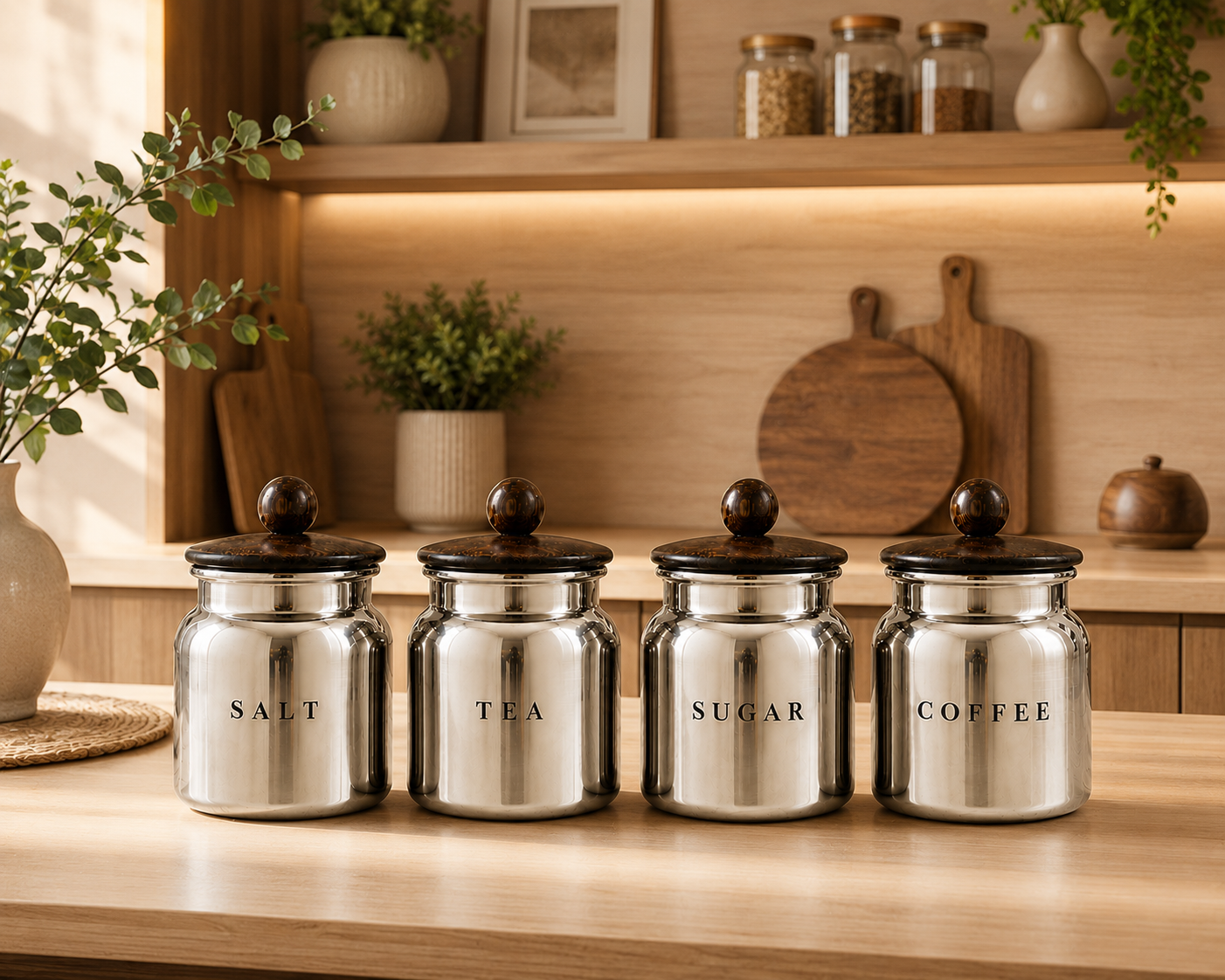 Silver Metal Salt Tea Sugar Coffee Canister Set with Wooden-Style Lids – 4 Piece Kitchen Pantry Storage for Countertop, Tea Station & Coffee Corner