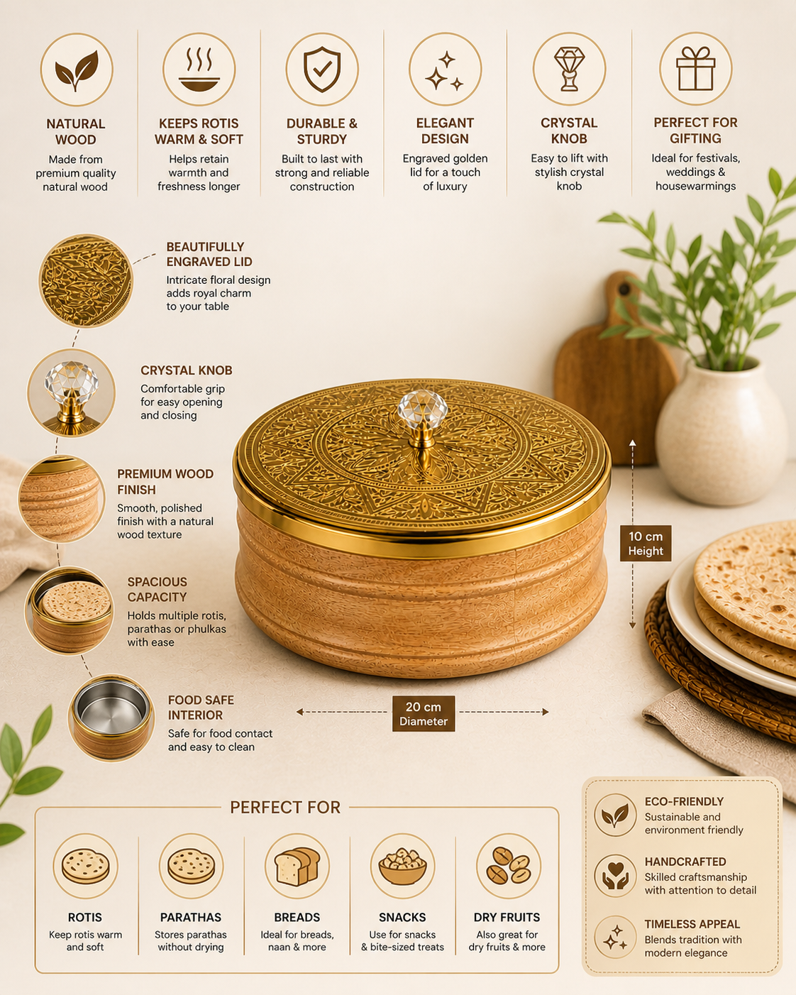 Natural Wood Roti Box with Luxury Designer Lid | Handcrafted Wooden Chapati Storage Container for Kitchen & Dining Table | Premium Bread Keeper and Insulated Flatbread Serving Box for Fresh Rotis
