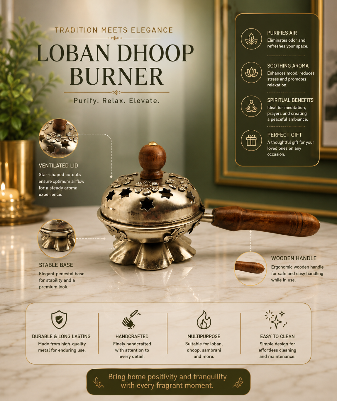Floral Lid Metal Loban Burner with Wooden Handle