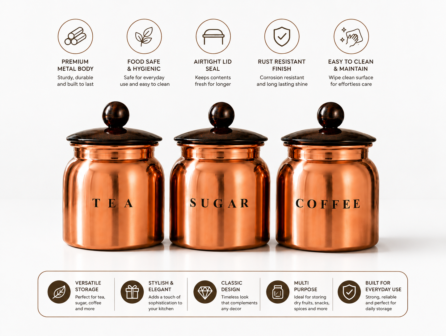 Metal Tea Sugar Coffee Canister Set with Wooden-Style Lids – Premium 3 Piece Kitchen Storage for Countertop, Pantry & Coffee Station