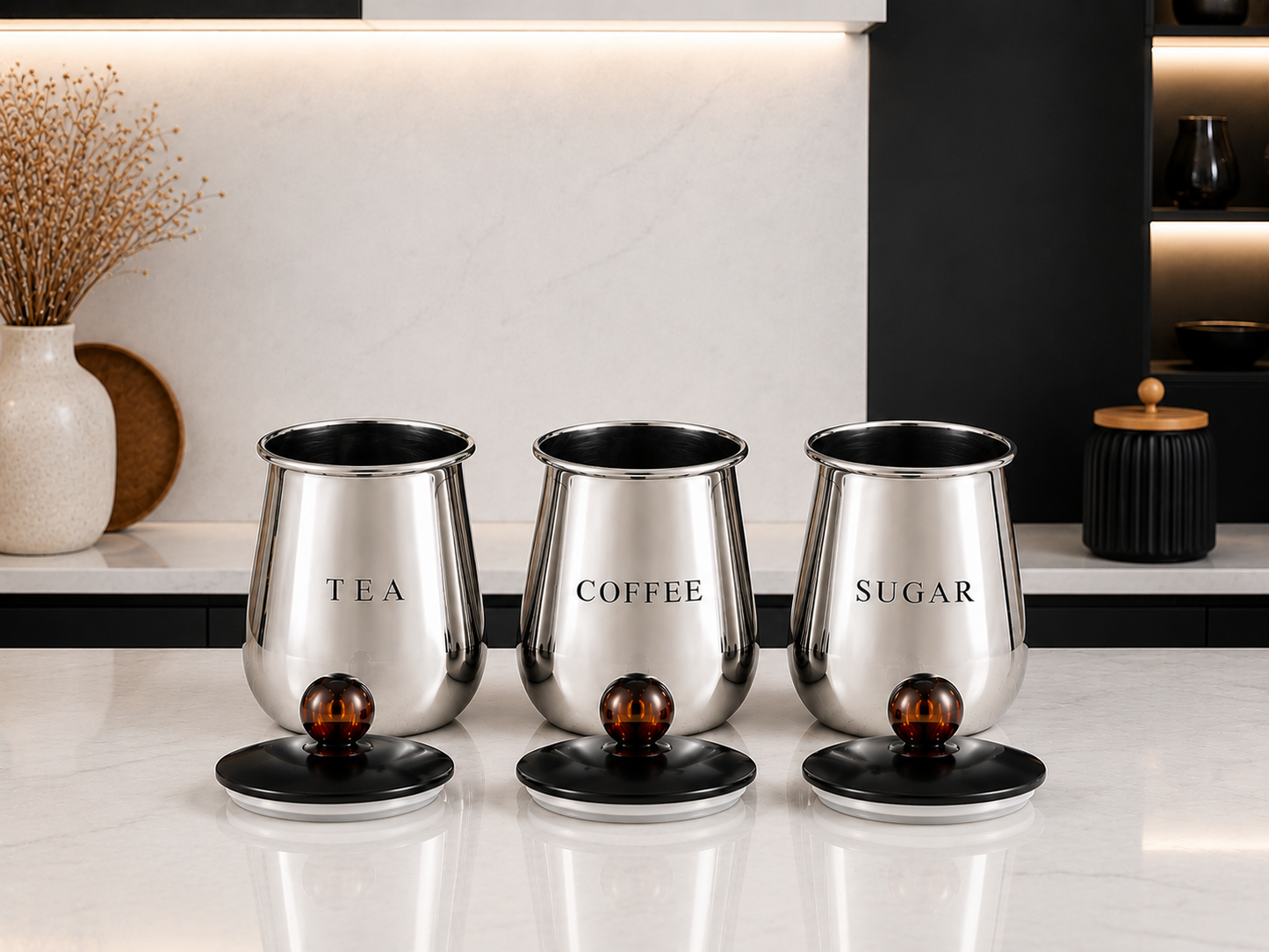 Premium Silver Metal Tea Coffee Sugar Containers Set of 3 with Black Lids