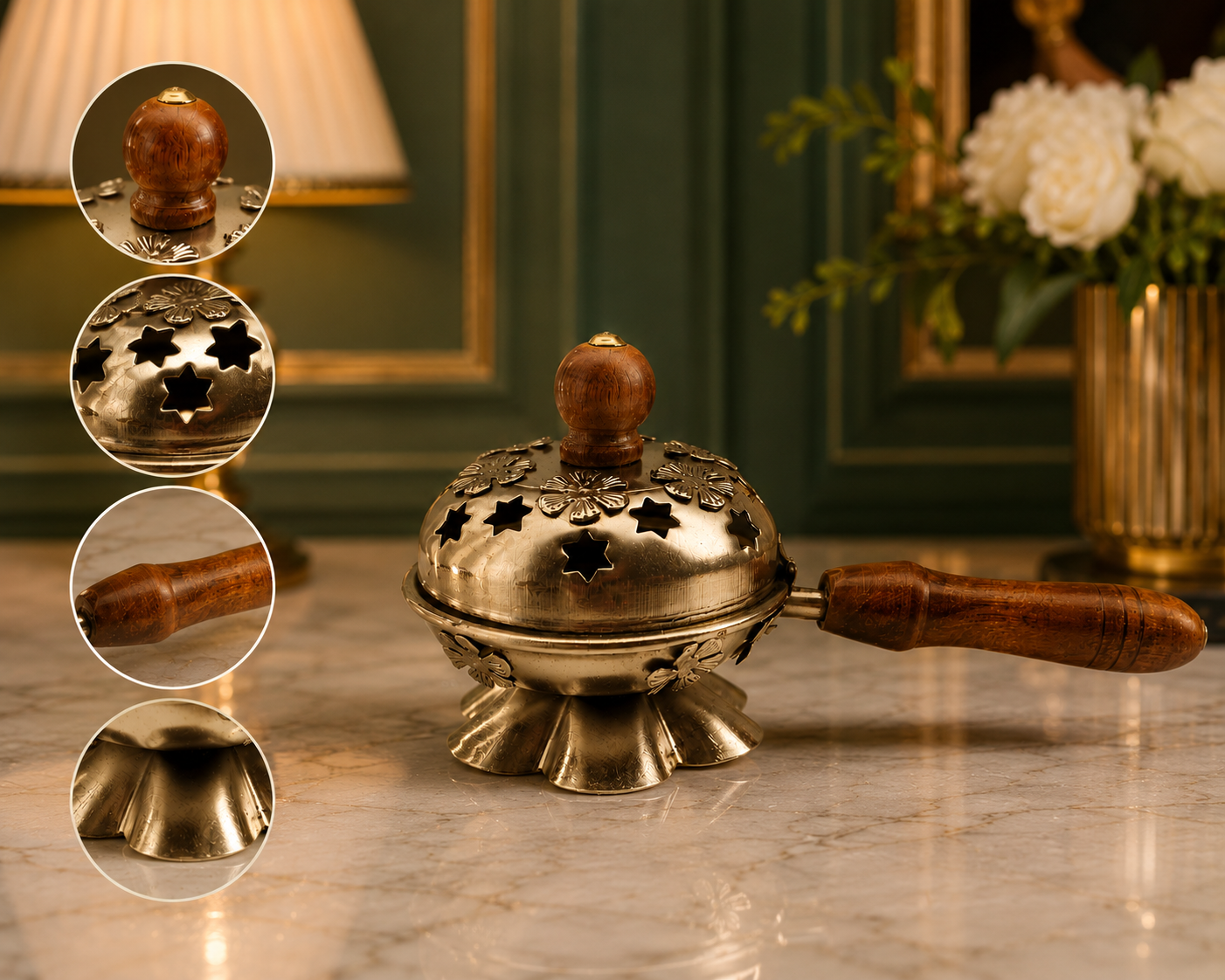 Floral Lid Metal Loban Burner with Wooden Handle