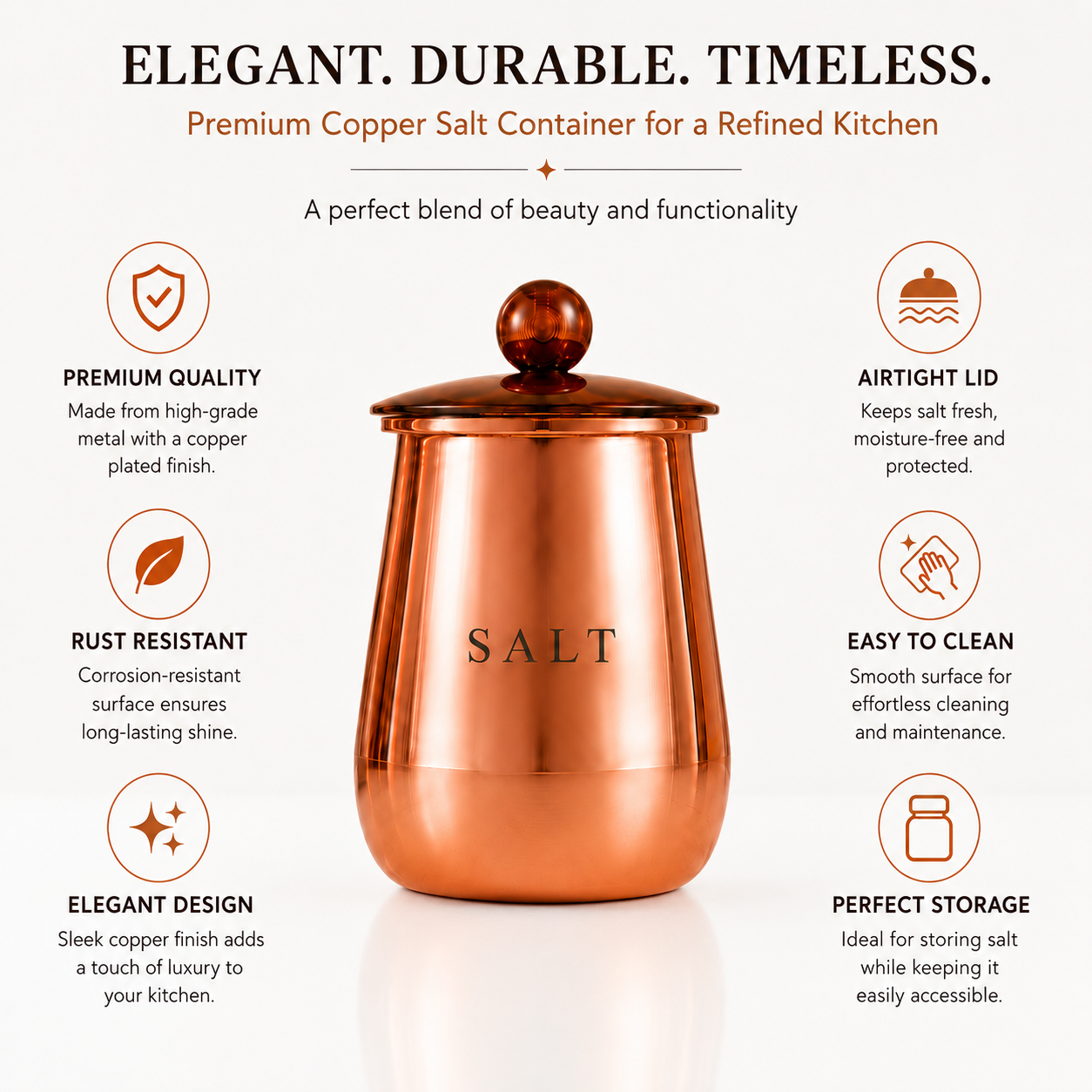 Premium Copper-Finish Metal Salt Storage Container with Decorative Knob Lid for Kitchen