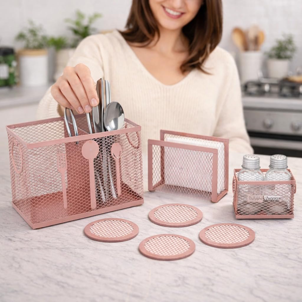 Pink Metal Cutlery Holder Set for Kitchen Counter & Dining Table | Modern Mesh Kitchen Organizer with Napkin Holder, Salt & Pepper Basket and Coasters | Stylish Pink Kitchen Accessories Storage Basket