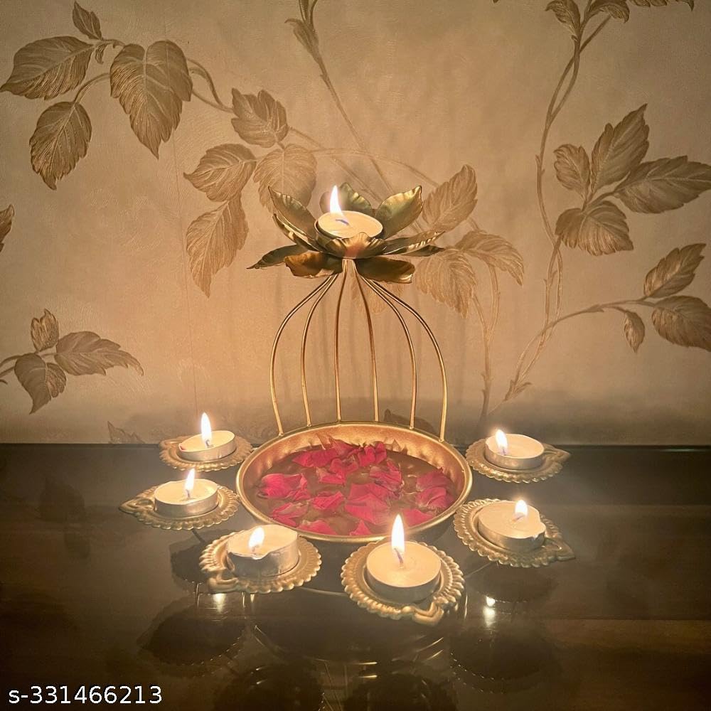 Elegant Lotus Metal Urli with Diyas & Floating Flower Bowl – Luxury Decorative Metal Urli for Diwali, Pooja, Mandir Decoration, Festive Table Centerpiece & Spiritual Home Decor