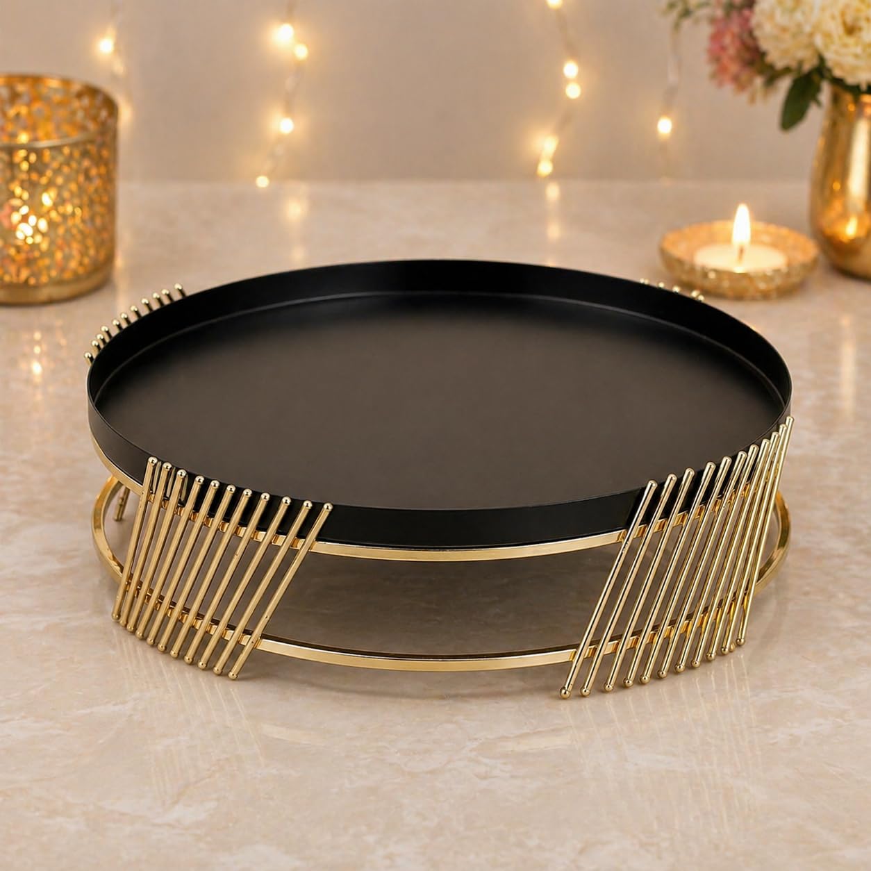Luxury Metal Cake Stand | Black Round Dessert Display with Gold Finish Base | Elegant Serving Tray for Wedding, Birthday & Home Décor