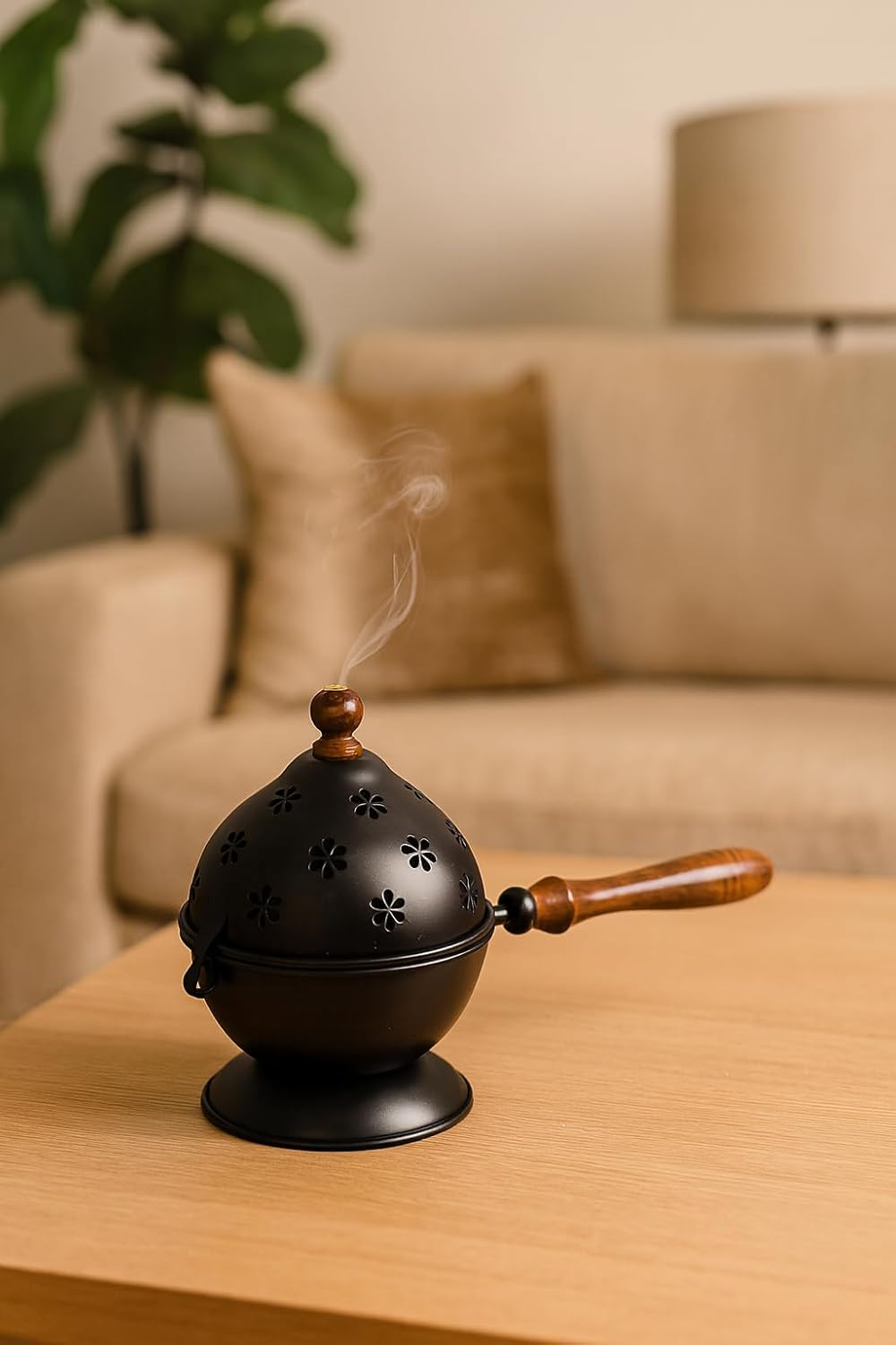Black Metal Loban Burner with Wooden Handle | Premium Dhoop Dani Incense Burner for Home, Pooja, Temple, Meditation & Aromatherapy | Decorative Kapoor Dani & Home Fragrance Diffuser