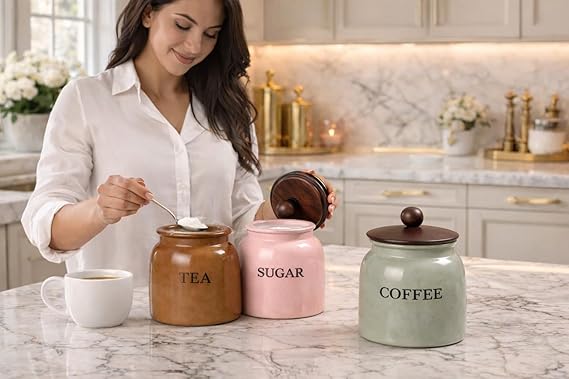 Metal Tea Sugar Coffee Storage Container Set of 3 with Wooden Lid | Airtight Kitchen Canisters | Vintage Farmhouse Style Kitchen Storage Jars
