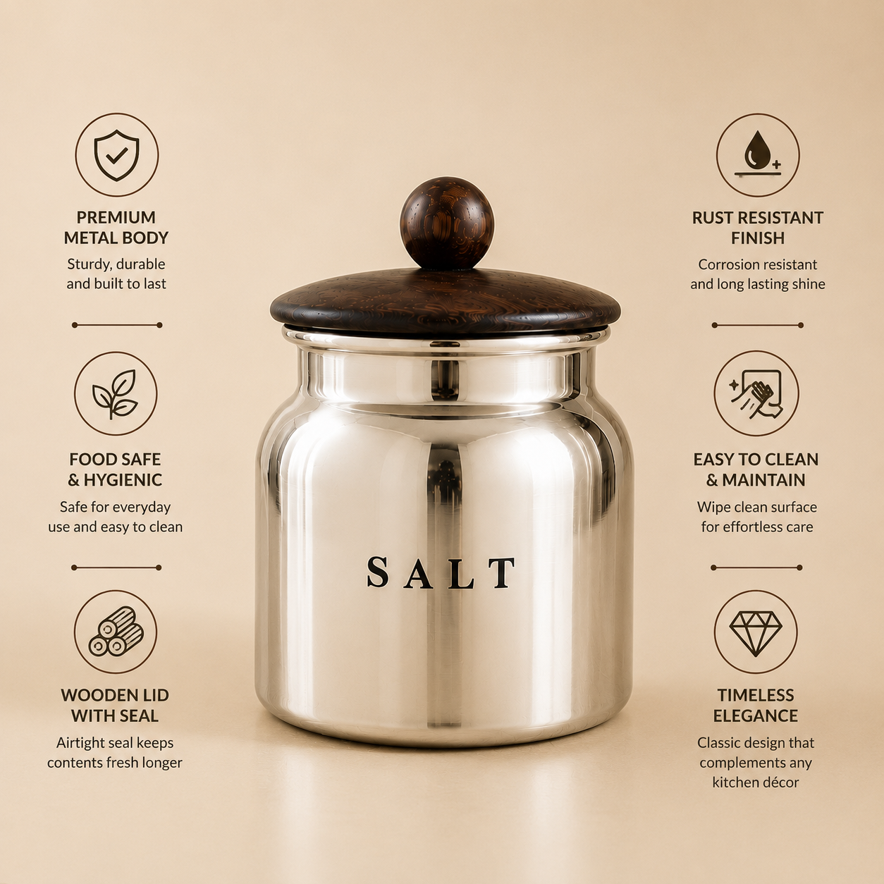 Silver Metal Salt Container with Wooden Look Lid – Premium Kitchen Salt Storage Canister for Countertop, Pantry & Spice Storage