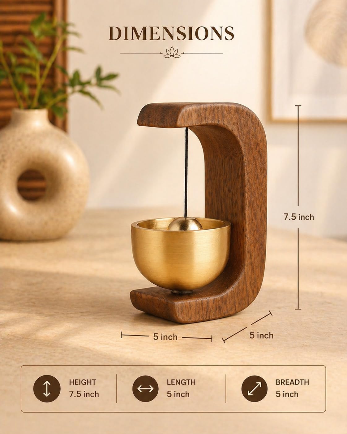 Luxury Wooden Wind Chime Bell for Meditation & Home Decor | Elegant Zen metal  Bell Ornament with Minimalist Wooden Design