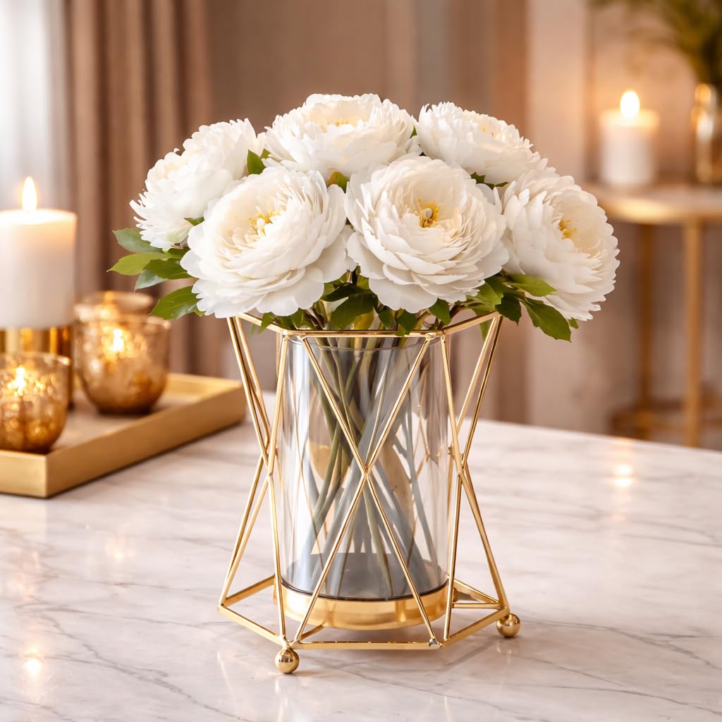 Luxury Gold Metal Vase with Crystal Glass | Modern Geometric Decorative Flower Vase for Living Room, Center Table & Home Decor