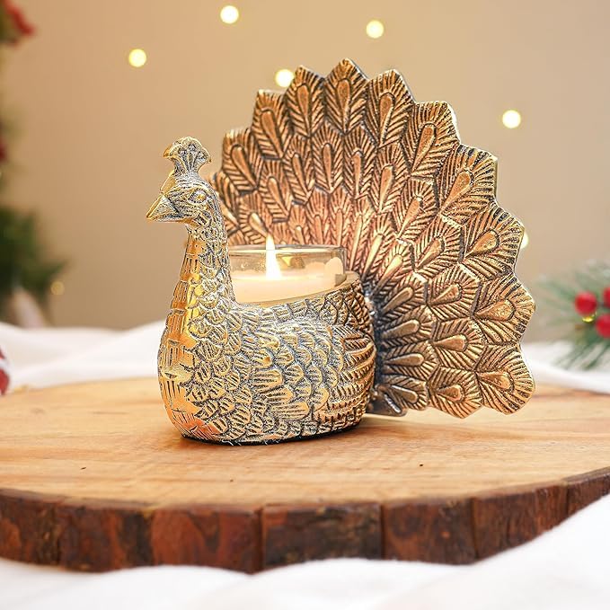 Aluminium Peacock Candle Holder – Antique Gold Embossed Metal Tealight Stand, Royal Peacock Diya for Diwali, Wedding & Elegant Home Decor