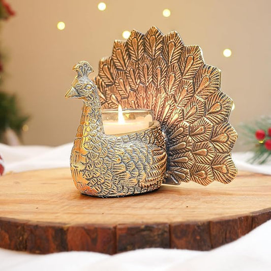 Aluminium Peacock Candle Holder – Antique Gold Embossed Metal Tealight Stand, Royal Peacock Diya for Diwali, Wedding & Elegant Home Decor