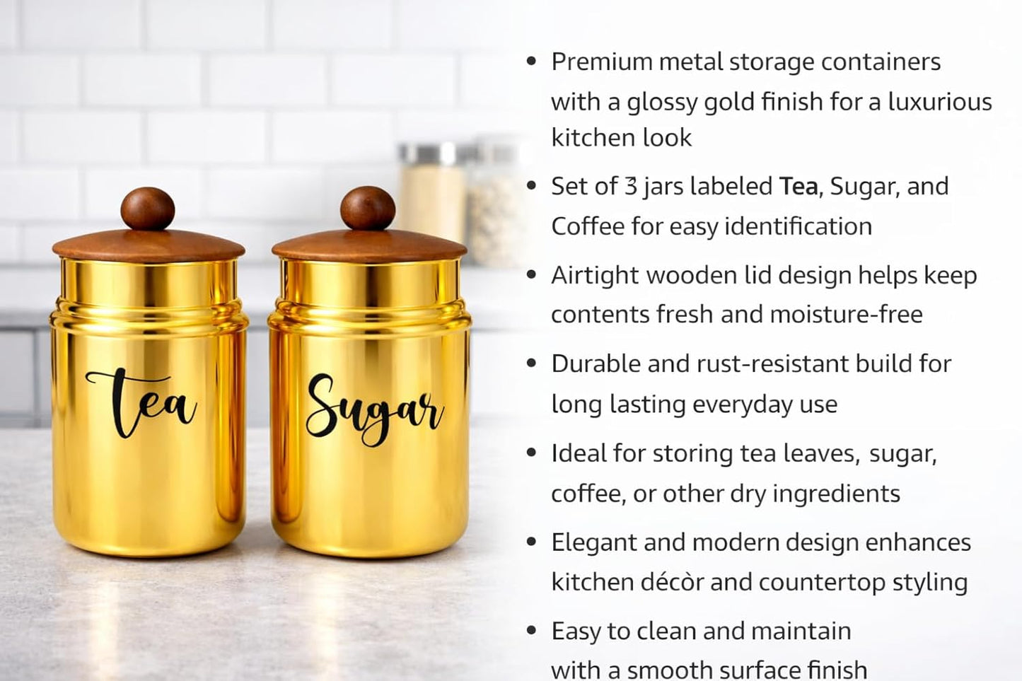 Metal Tea & Sugar Storage Container Set of 2 with Wooden Lid | Airtight Kitchen Canisters | Gold Finish Kitchen Storage Jars