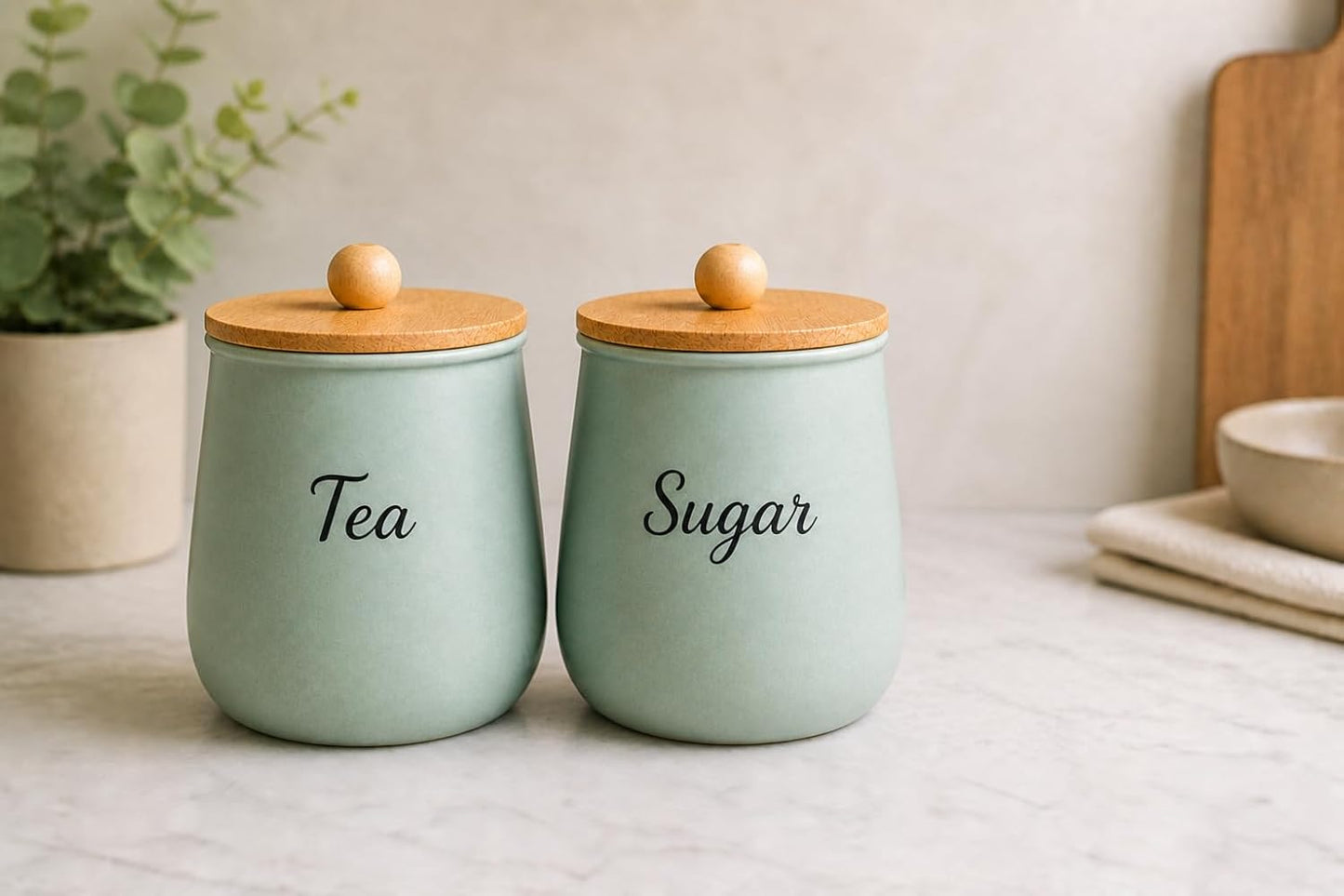 Teal Metal Tea Sugar Container Set | Airtight Kitchen Storage Canister with Wooden Lid | Aqua Green Tea Coffee Sugar Holder | Modern Countertop Organizer for Home Kitchen
