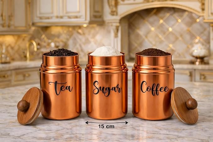 Copper Metal Kitchen Canister Set with Wooden Lids – Tea, Sugar & Coffee Storage Containers, Airtight Countertop Jars for Modern Kitchen Decor