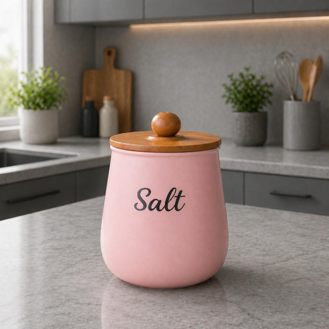 Pink Metal Salt Storage Container with Wooden Lid | Kitchen Countertop Seasoning Holder | Airtight Metal Storage Canister for Salt, Spices & Dry Ingredients | Modern Farmhouse Kitchen Organizer