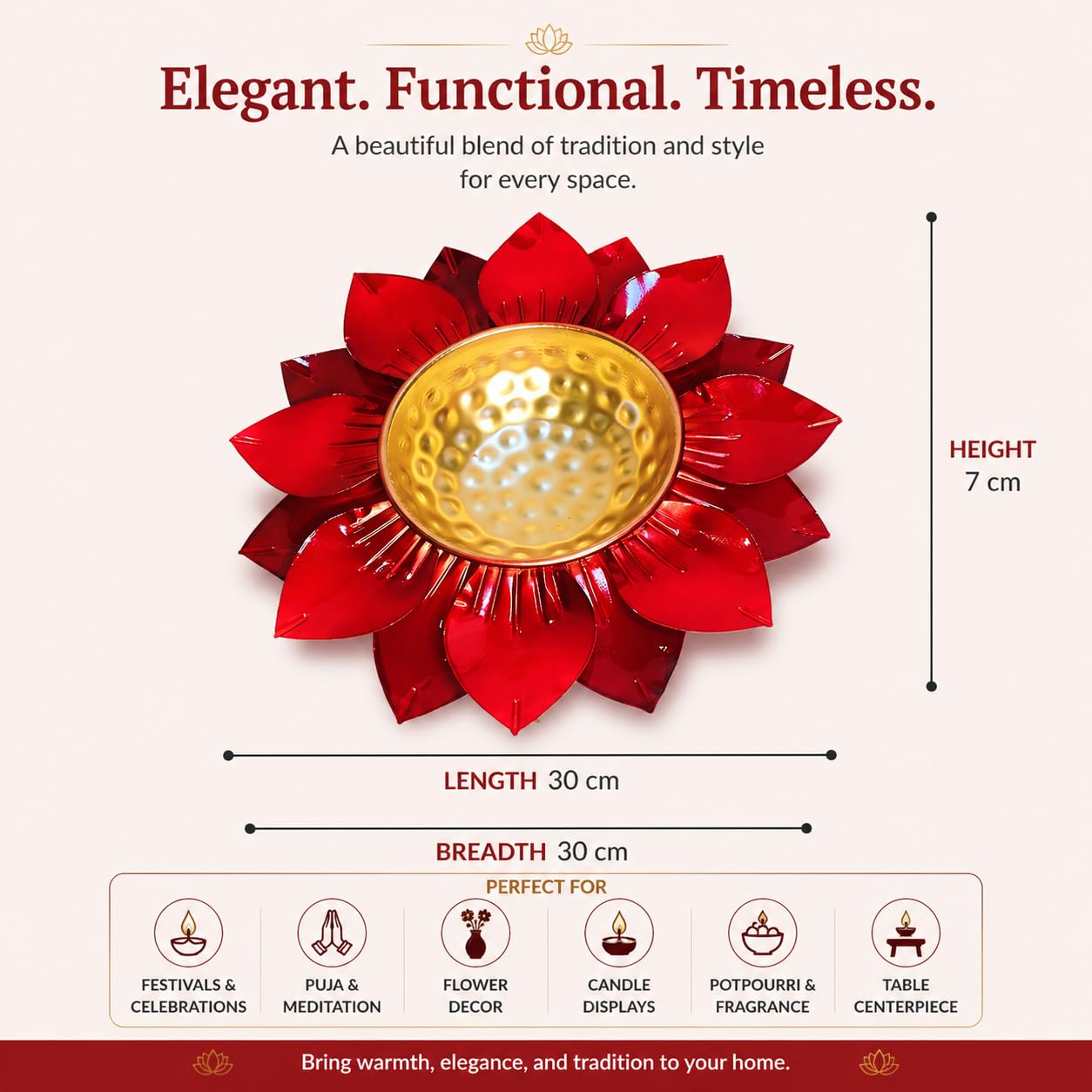 Elegant Lotus Urli Bowl for Festive Home Decoration – Luxury Metal Lotus Urli with Floral Design for Diwali, Pooja, Floating Candles, Table Centerpiece & Traditional Décor