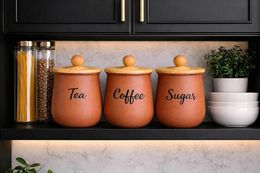 Metal Tea, Coffee & Sugar Canister Set with Wooden Lids