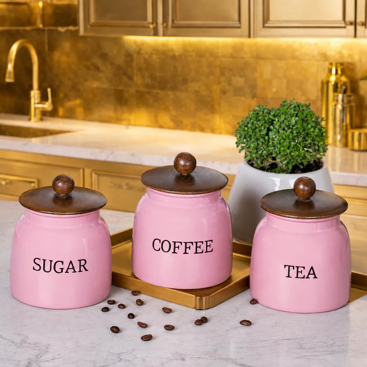 Premium Metal Kitchen Storage Container Set of 3 (Pink) | Tea Coffee Sugar Canisters with Airtight Lids | Decorative Countertop Organizer Jars for Home & Kitchen