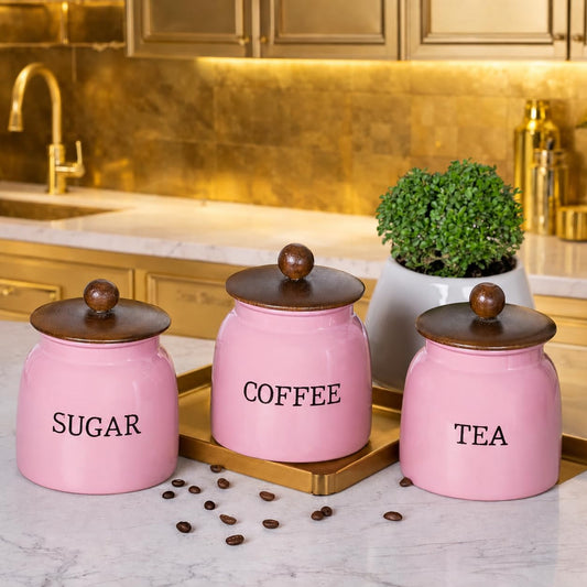 Premium Metal Kitchen Storage Container Set of 3 (Pink) | Tea Coffee Sugar Canisters with Airtight Lids | Decorative Countertop Organizer Jars for Home & Kitchen