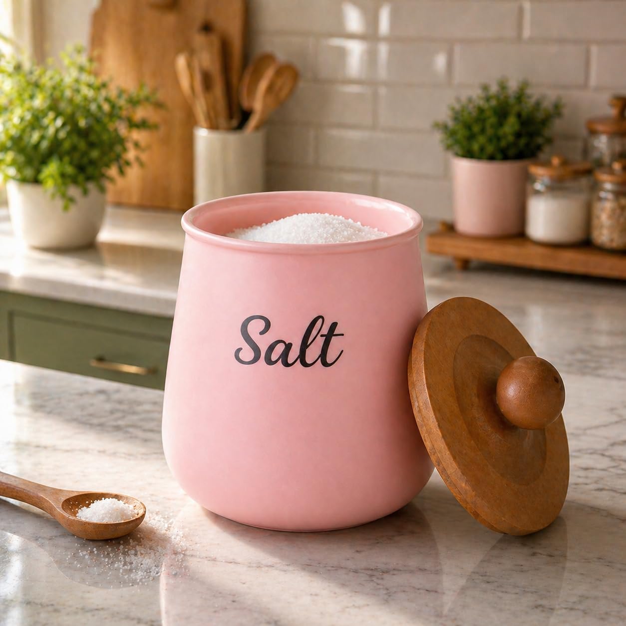 Pink Metal Salt Container – Stylish Kitchen Countertop Salt Storage with Wooden Lid, Modern Decorative Salt Holder for Home Organizer