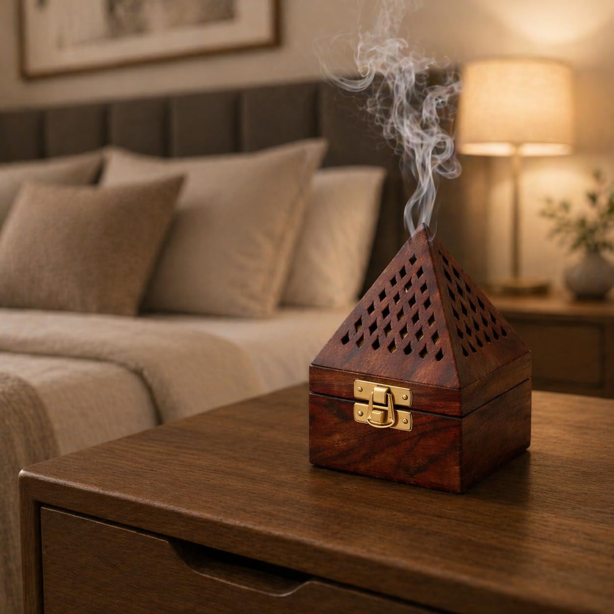 Wooden Incense Holder Box with Pyramid Design | Decorative Agarbatti Burner & Dhoop Stand for Home, Meditation and Puja Room | Aromatherapy Wooden Smoke Diffuser with Ash Catcher Storage