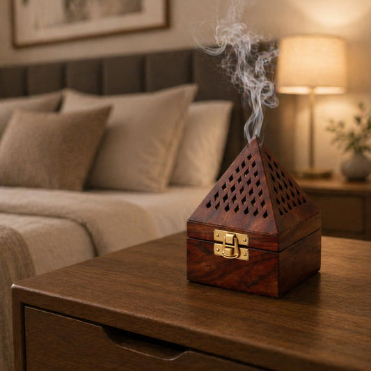 Wooden Incense Holder Box with Pyramid Design | Decorative Agarbatti Burner & Dhoop Stand for Home, Meditation and Puja Room | Aromatherapy Wooden Smoke Diffuser with Ash Catcher Storage
