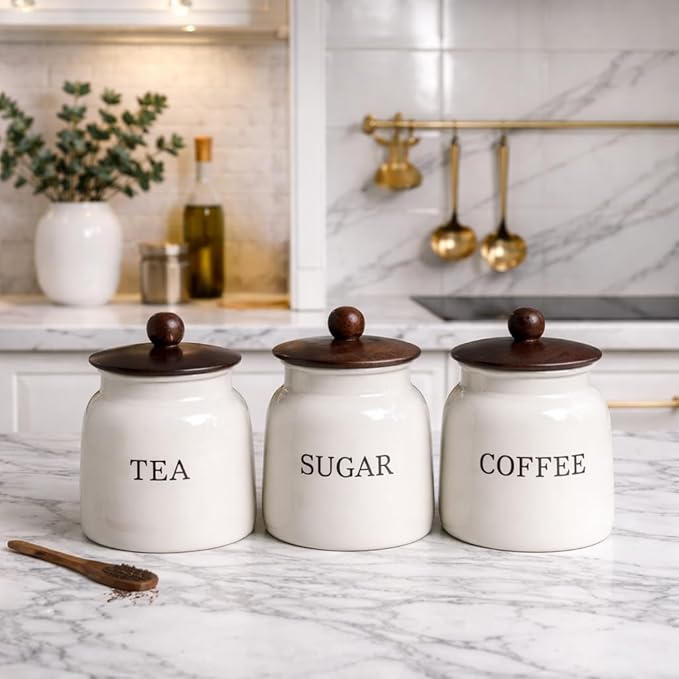 Premium White Metal Tea Coffee Sugar Container Set | Kitchen Storage Canisters with Lids |  Airtight Jars for Countertop & Pantry Organization
