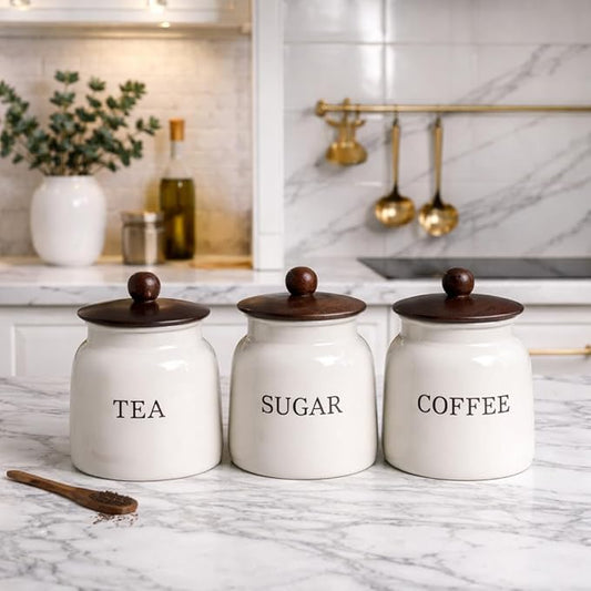 Premium White Metal Tea Coffee Sugar Container Set | Kitchen Storage Canisters with Lids |  Airtight Jars for Countertop & Pantry Organization