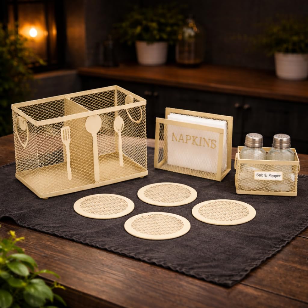 Premium Cream  Metal Cutlery Holder Set for Kitchen & Dining Table | Mesh Kitchen Organizer with Napkin Holder, Salt Pepper Stand & Coasters | Modern Countertop Storage Basket for Spoon Fork Accessories