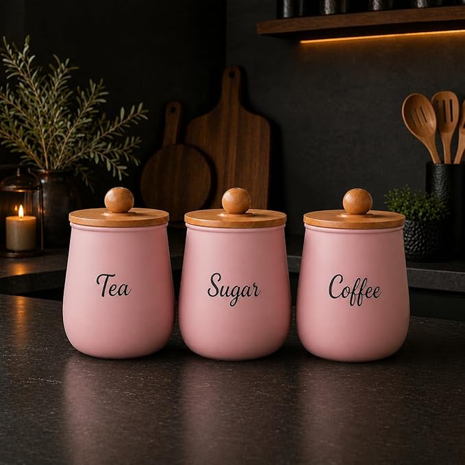 Airtight Pink Metal Tea Coffee Sugar Canisters Set with Wooden Lids – Stylish Kitchen Storage Containers for Countertop Organization & Fresh Food Storage