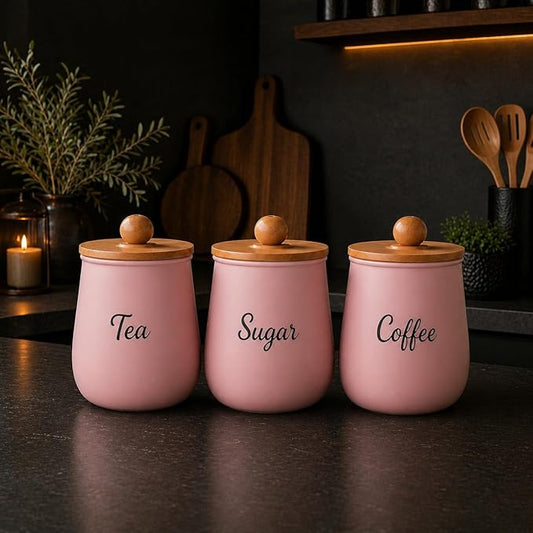 Airtight Pink Metal Tea Coffee Sugar Canisters Set with Wooden Lids – Stylish Kitchen Storage Containers for Countertop Organization & Fresh Food Storage