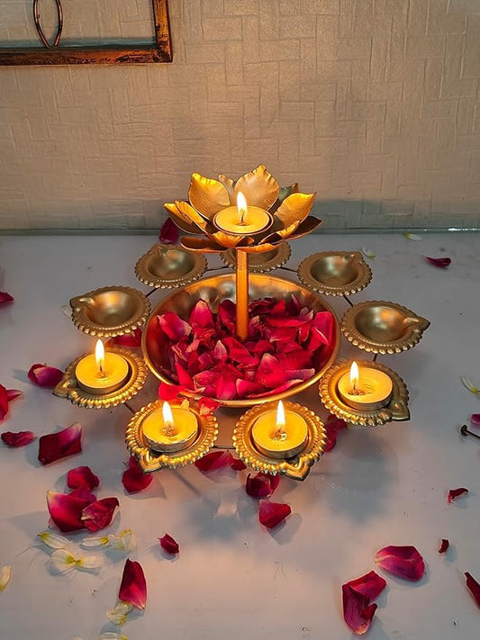 Luxury Metal Lotus Urli Bowl with Diyas | Decorative Floral Floating Urli for Diwali Decoration, Pooja Room, Wedding Centerpiece & Festive Home Decor