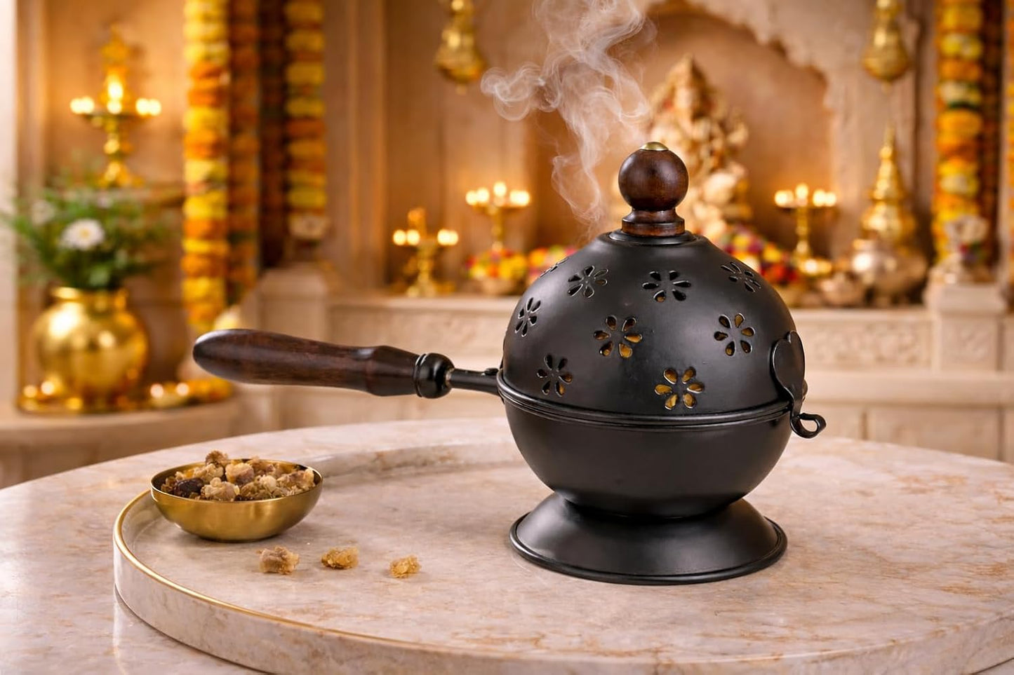Black Metal Loban Burner with Wooden Handle | Premium Dhoop Dani Incense Burner for Home, Pooja, Temple, Meditation & Aromatherapy | Decorative Kapoor Dani & Home Fragrance Diffuser