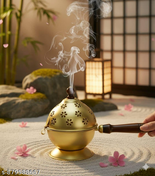 Metal Loban Burner with Wooden Handle | Golden Dhoop Dani Incense Burner | Pooja Samagri for Home, Temple, Meditation & Aromatherapy