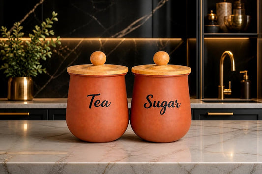 Metal Tea Sugar Container Set Brown | Airtight Kitchen Storage Canister with Wooden Lid | Vintage Style Tea Coffee Sugar Holder | Decorative Countertop Organizer for Home Kitchen