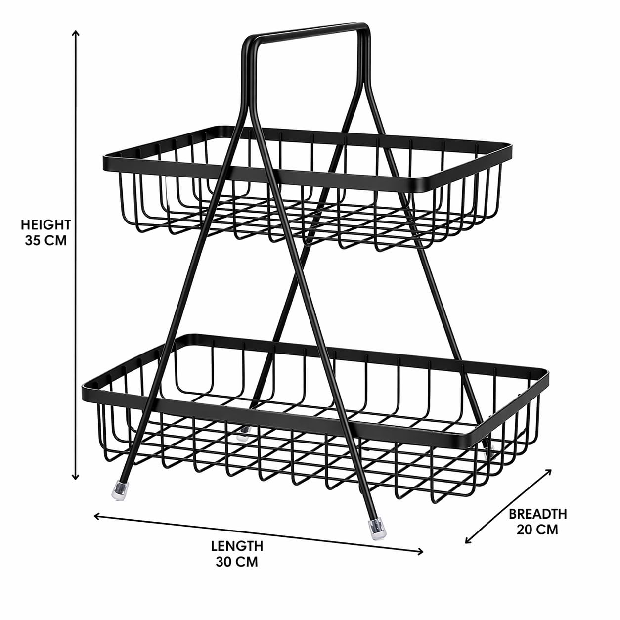 2 Tier Metal Kitchen Basket Stand – Black Countertop Organizer Rack, Fruit & Vegetable Storage, Multipurpose Space Saving Wire Basket for Kitchen & Pantry