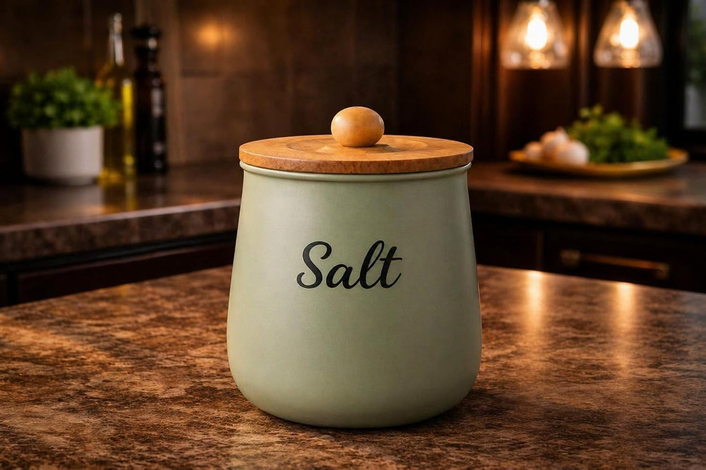 Teal Metal Salt Container with Wooden Lid – Aesthetic Kitchen Countertop Salt Storage, Modern  Decorative Salt Holder for Elegant Kitchen Organizer