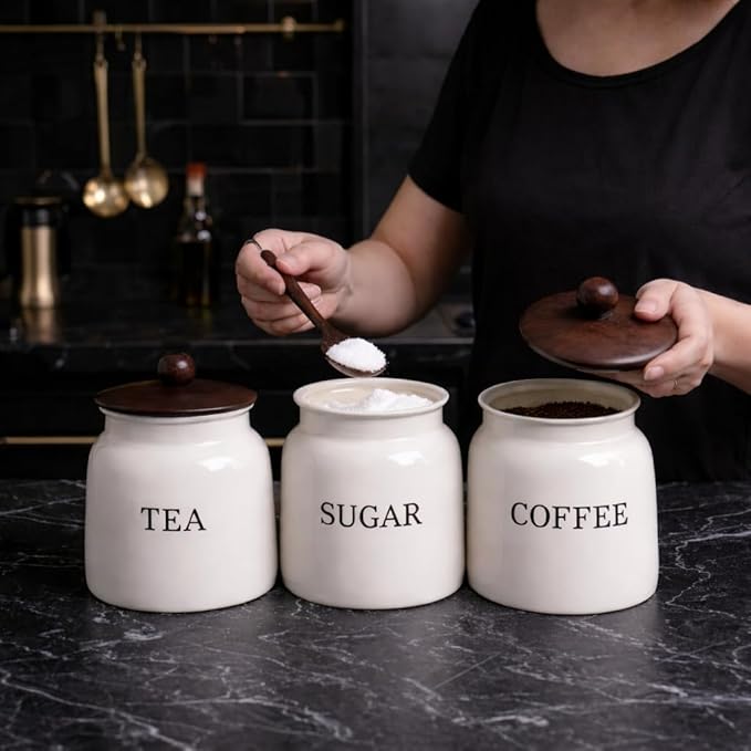 Premium White Metal Tea Coffee Sugar Container Set | Kitchen Storage Canisters with Lids |  Airtight Jars for Countertop & Pantry Organization