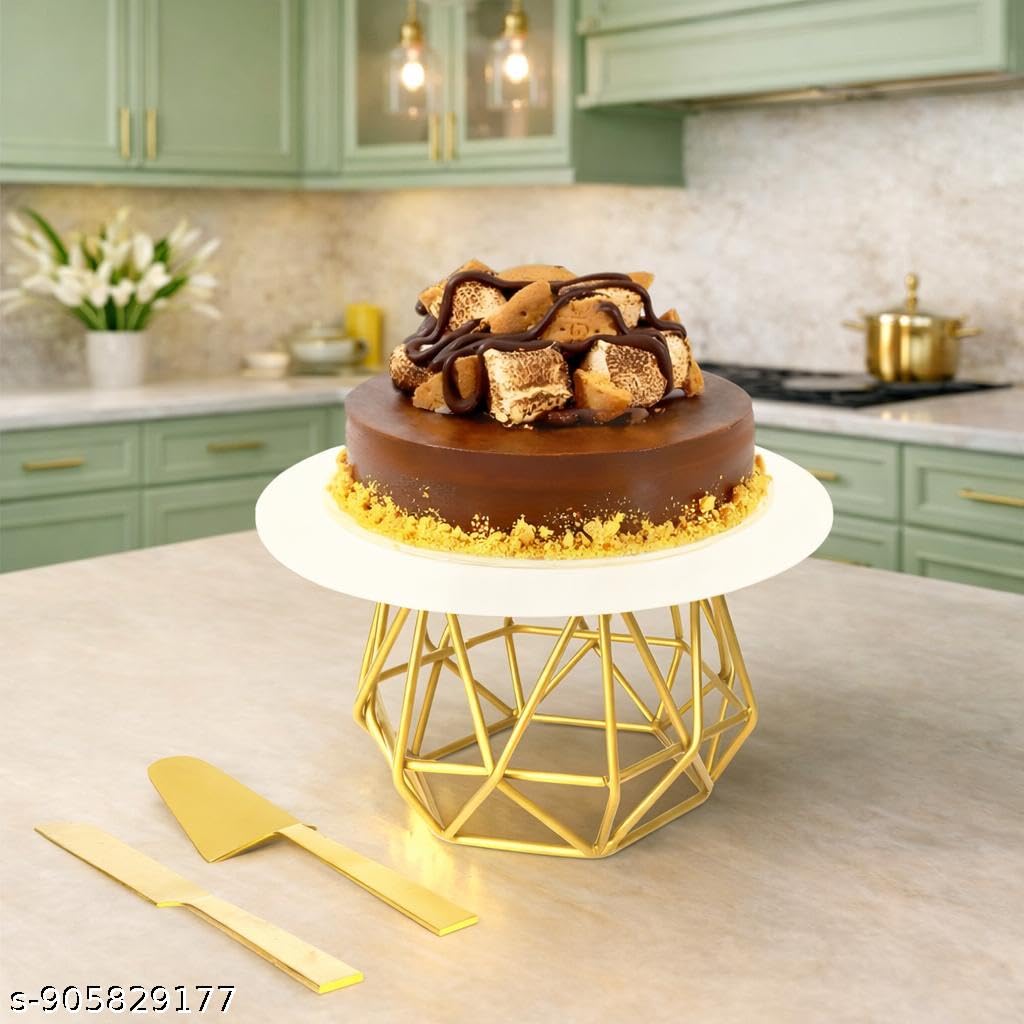 Designer Gold Cake Display Stand | Round Serving Platform with Artistic Metal Frame | Premium Dessert Holder for Parties & Home Styling
