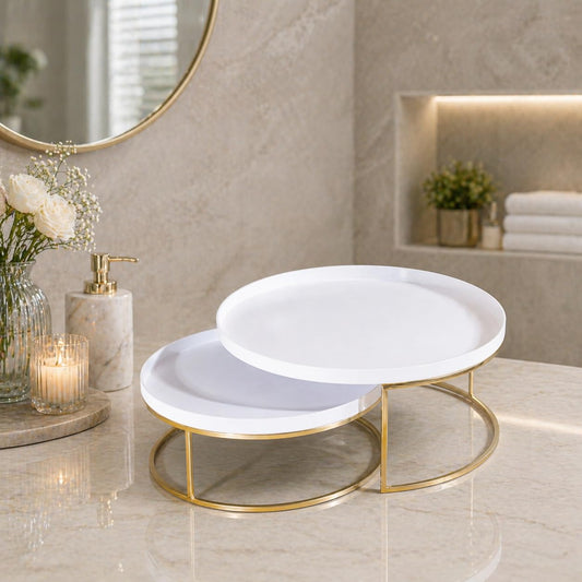 Luxury Dessert Display Stand Set for Cakes, Cupcakes & Pastries | Modern Gold Rim Serving Tray with Elegant Round Pedestal Design | Decorative Party, Bakery & Dining Table Display Stand