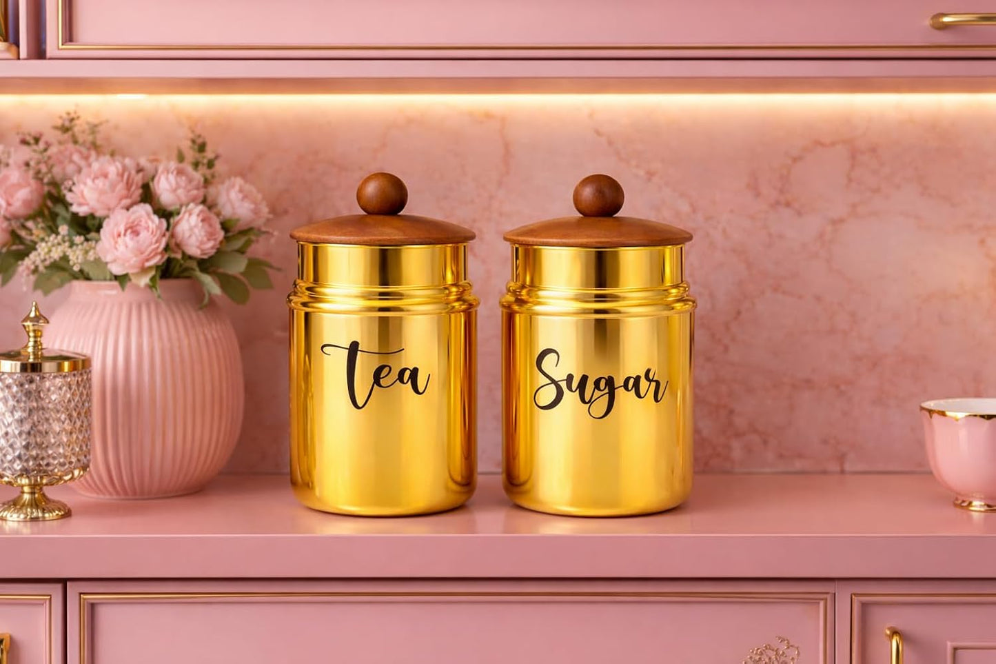 Metal Tea & Sugar Storage Container Set of 2 with Wooden Lid | Airtight Kitchen Canisters | Gold Finish Kitchen Storage Jars