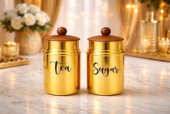 Metal Tea & Sugar Storage Container Set of 2 with Wooden Lid | Airtight Kitchen Canisters | Gold Finish Kitchen Storage Jars