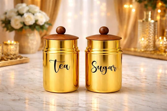 Metal Tea & Sugar Storage Container Set of 2 with Wooden Lid | Airtight Kitchen Canisters | Gold Finish Kitchen Storage Jars