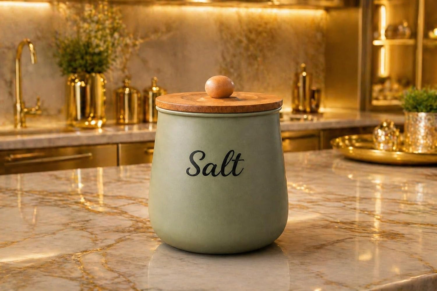 Teal Metal Salt Container with Wooden Lid – Aesthetic Kitchen Countertop Salt Storage, Modern  Decorative Salt Holder for Elegant Kitchen Organizer