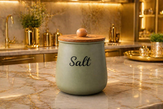 Teal Metal Salt Container with Wooden Lid – Aesthetic Kitchen Countertop Salt Storage, Modern  Decorative Salt Holder for Elegant Kitchen Organizer