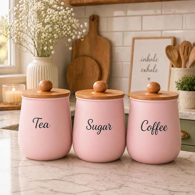 Airtight Pink Metal Tea Coffee Sugar Canisters Set with Wooden Lids – Stylish Kitchen Storage Containers for Countertop Organization & Fresh Food Storage