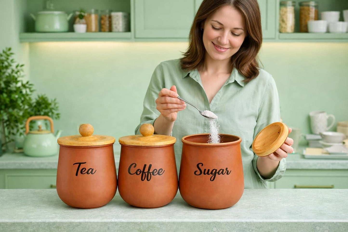 Metal Tea, Coffee & Sugar Canister Set with Wooden Lids